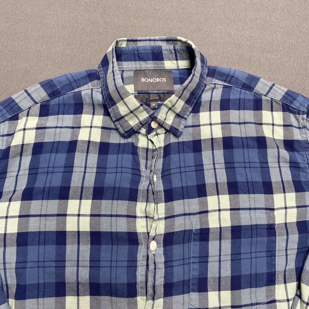 Bonobos Shirt Mens Medium‎ Blue Green Plaid Slim Fit Button Down Long Sleeve